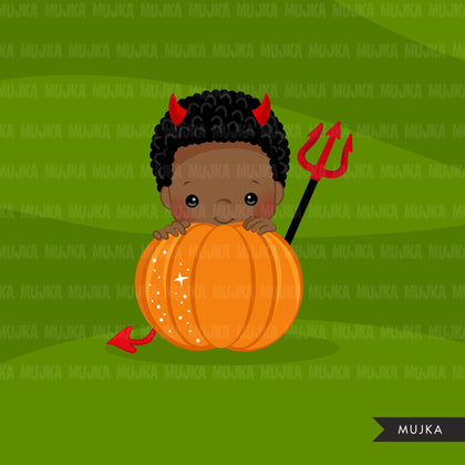 Halloween peek a boo peeking boys clipart.  Cute kids peeking on pumpkin