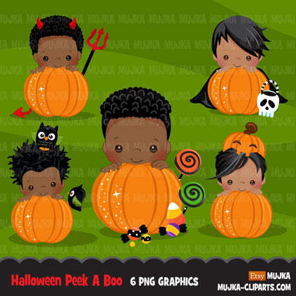 Halloween peek a boo peeking boys clipart.  Cute kids peeking on pumpkin