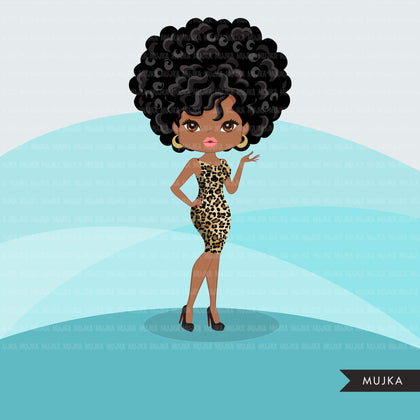 Afro black woman clipart with leopard print African-American graphics, print and cut PNG T-Shirt Designs, Black Girls clip art