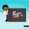 Back to school clipart with Boy students and black board, Education, teaching graphics