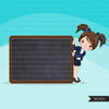 Back to school clipart with Girl students and black board, Education, teaching graphics