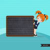 Back to school clipart with Girl students and black board, Education, teaching graphics