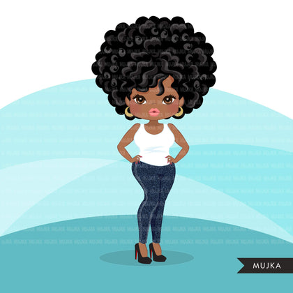 Afro black woman clipart with jeans and t-shirt African-American graphics, print and cut PNG T-Shirt Designs, Black Girls clip art