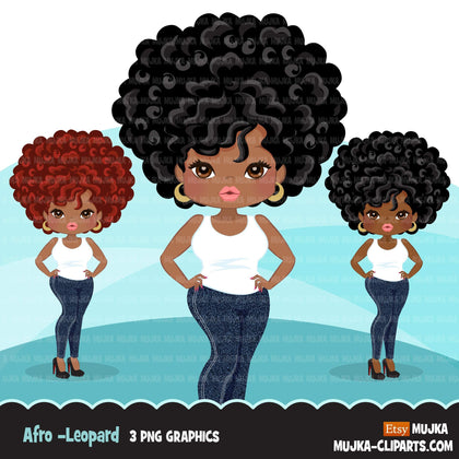 Afro black woman clipart with jeans and t-shirt African-American graphics, print and cut PNG T-Shirt Designs, Black Girls clip art