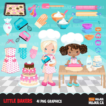 Baking Clipart, little baker girls, pastry chef, cake and cookie graphics