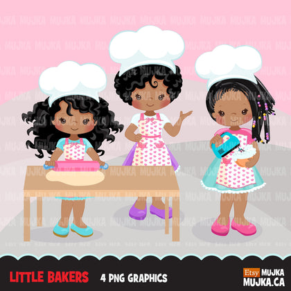 Baking Clipart, Cute black afro baker characters, kitchen chores, baking party, cake, spatula, pastry chef, cookie graphics, baking fun clip art