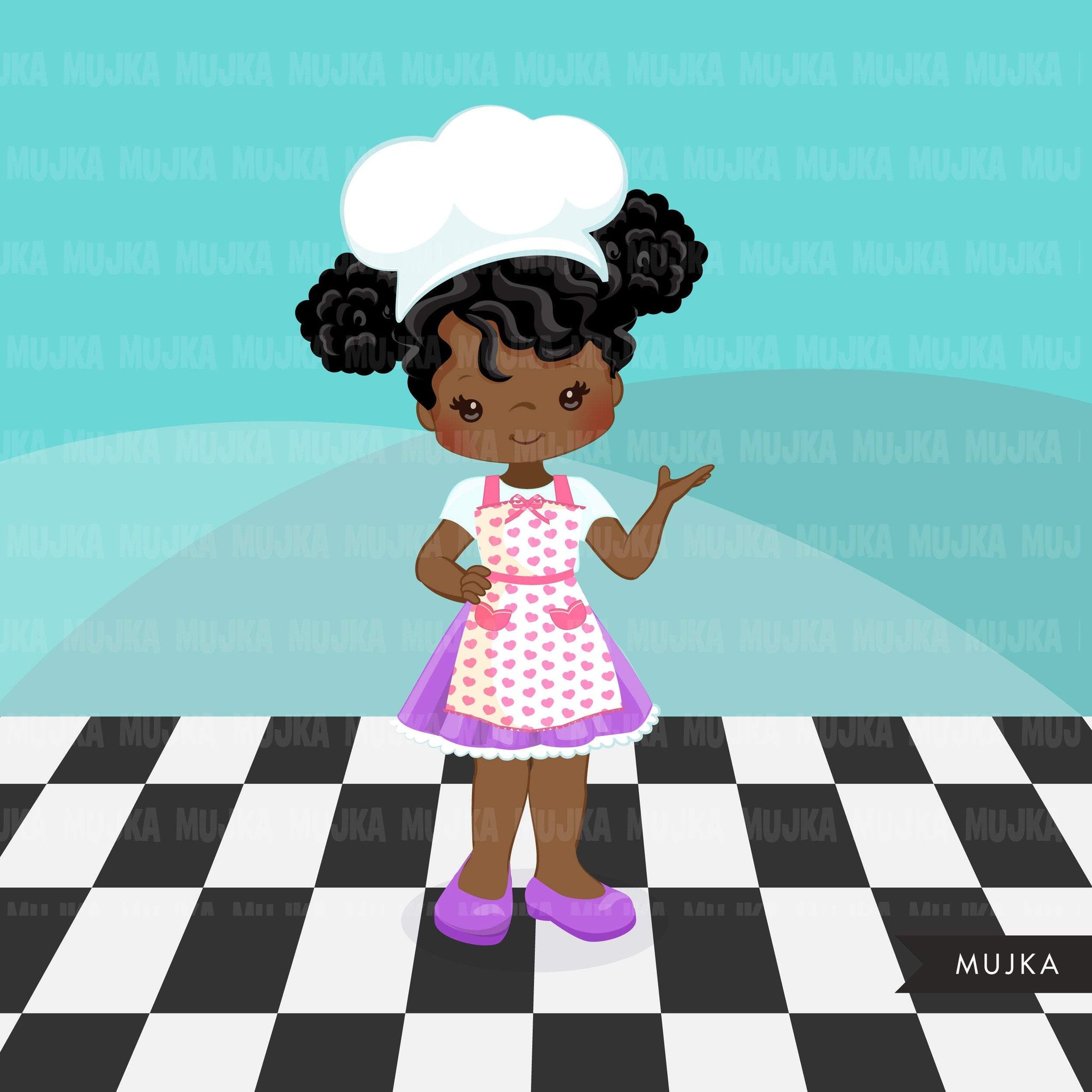 Baking Clipart, Cute black afro baker girl characters, kitchen chores, baking party, cake, spatula, pastry chef, cookie graphics, baking fun clip art