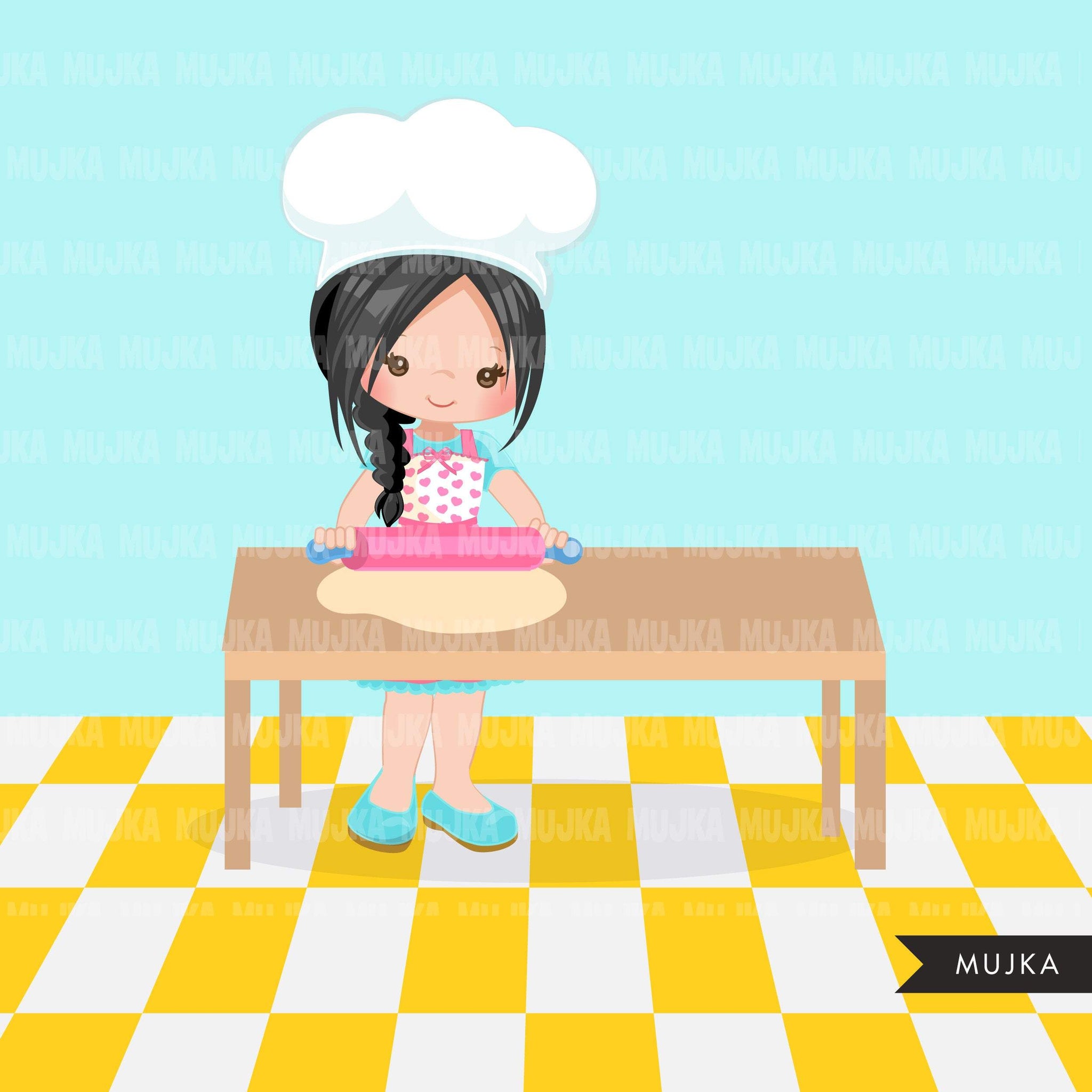 Baking Clipart, cute pastry chef with rolling pin , little girl graphics