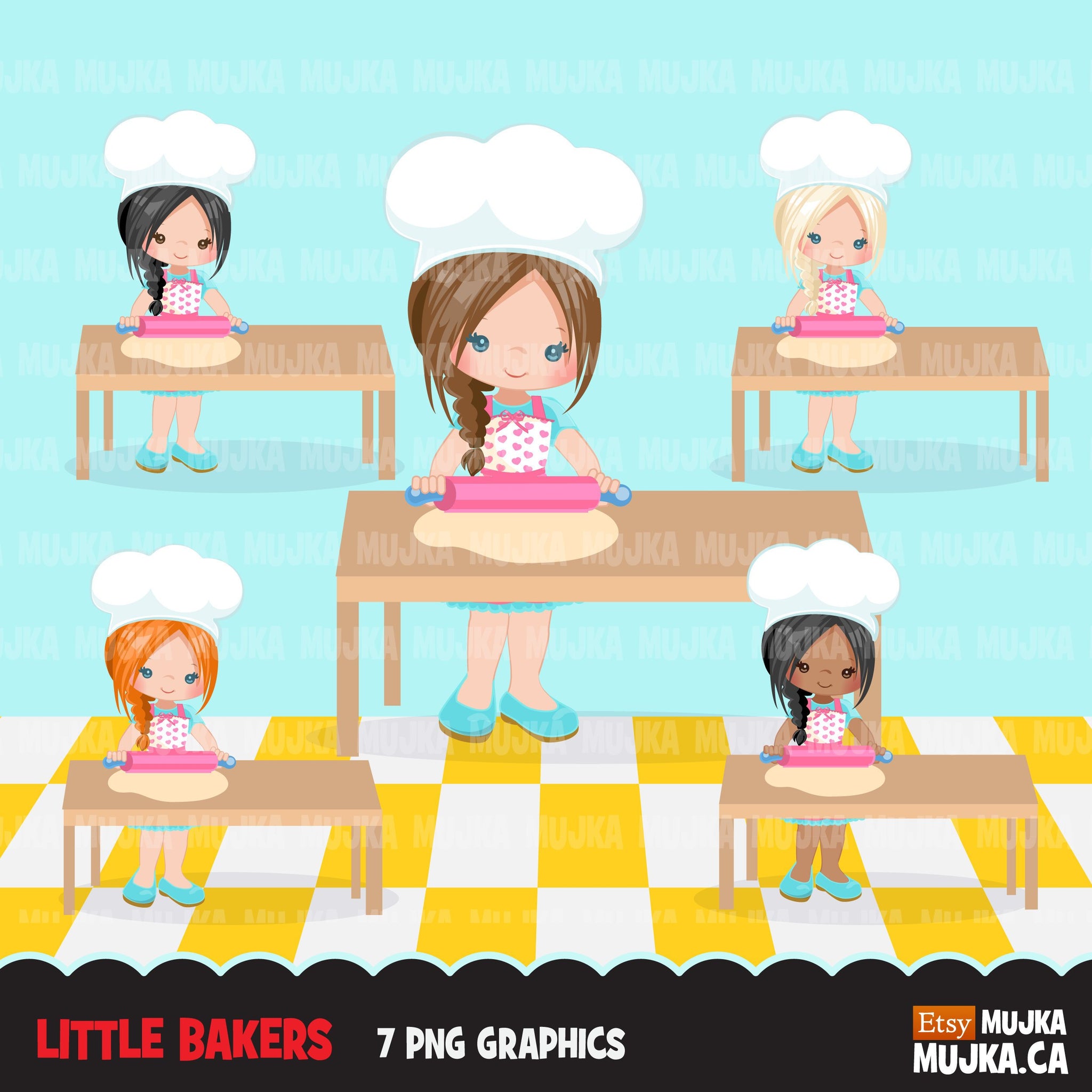 Baking Clipart, cute pastry chef with rolling pin , little girl graphics