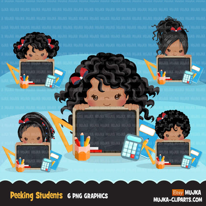 Back to school clipart peeking black students Afro Girl students black board, Education, teaching graphics, PRE-K, grade 1