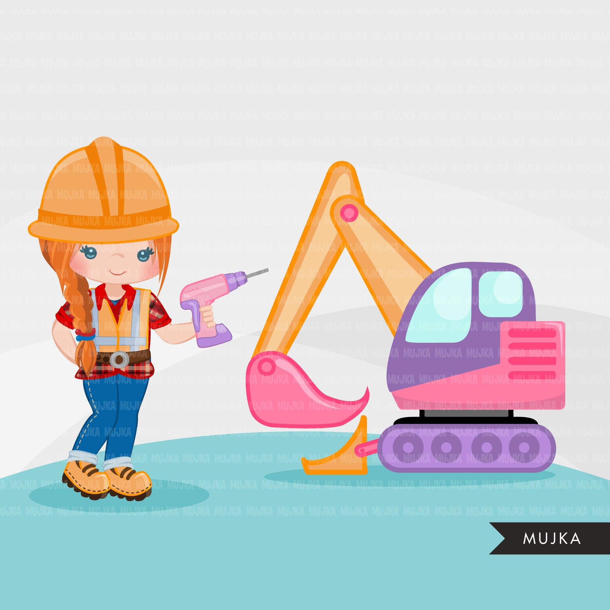 Construction Clipart, Little girl contractor, hard hat, dump truck, crane, excavator, bulldozer vehicle, tools, drill, safety jacket