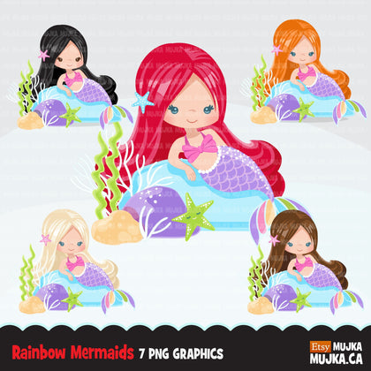 Mermaid clipart, pastel rainbow mermaid graphics, girls, summer