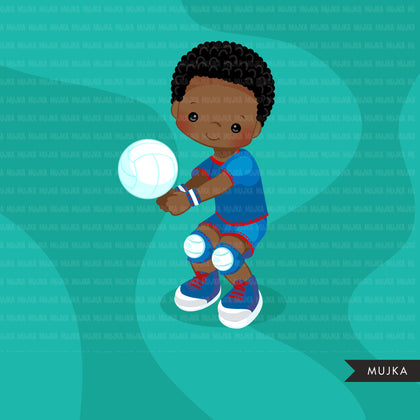 Volleyball players clipart, african american boy, card making, planner stickers, activity, outdoor sports, school clip art