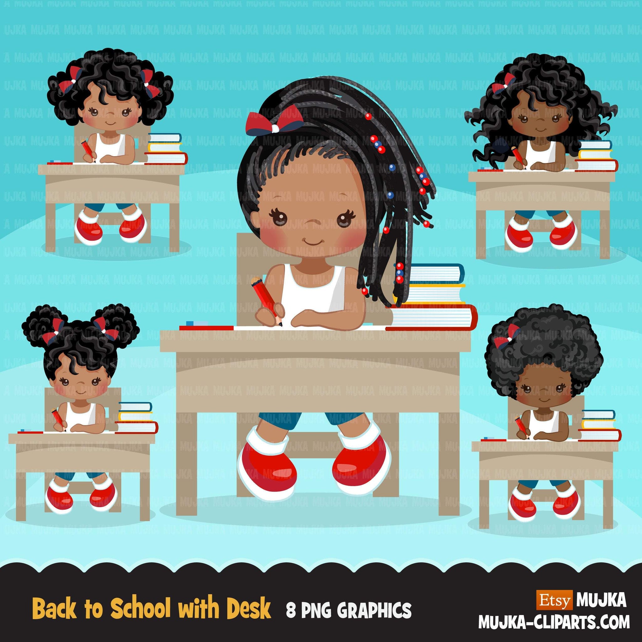 Back to school clipart with black Girl students sitting on a desk