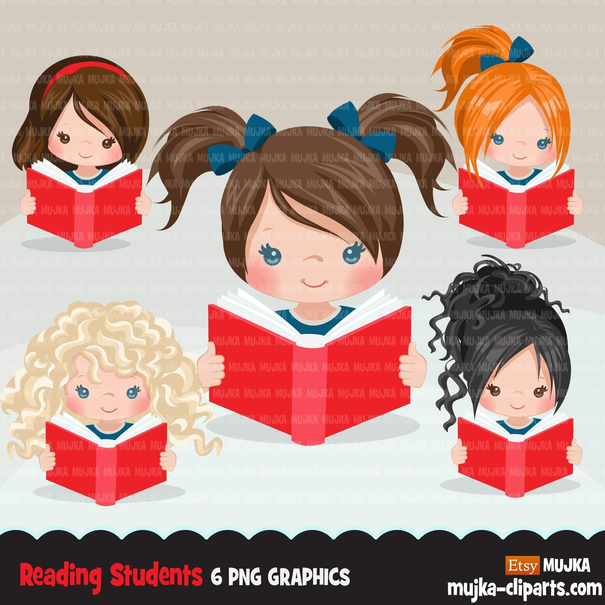 Reading clipart, school activity, back to school student girl graphics, planner sticker, bookworm, reading activity