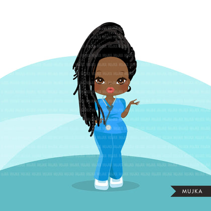 Afro black woman nurse clipart with scrubs braid hair African-American graphics, print and cut PNG T-Shirt Designs, Black Girls clip art