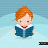 Reading clipart, school activity, back to school student boy graphics, planner sticker, bookworm, reading activity