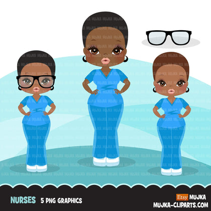Afro black woman nurse clipart with scrubs African-American graphics, print and cut PNG T-Shirt Designs, Black Girls clip art