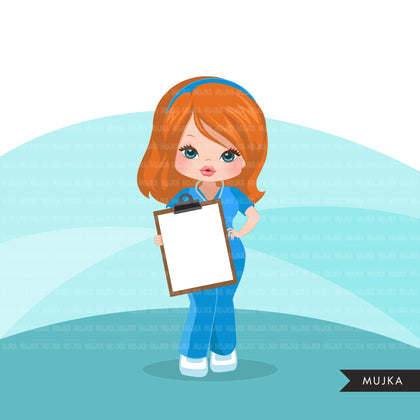 Nurse clipart with scrubs, patient chart graphics, print and cut PNG T-Shirt Designs, Medical clip art
