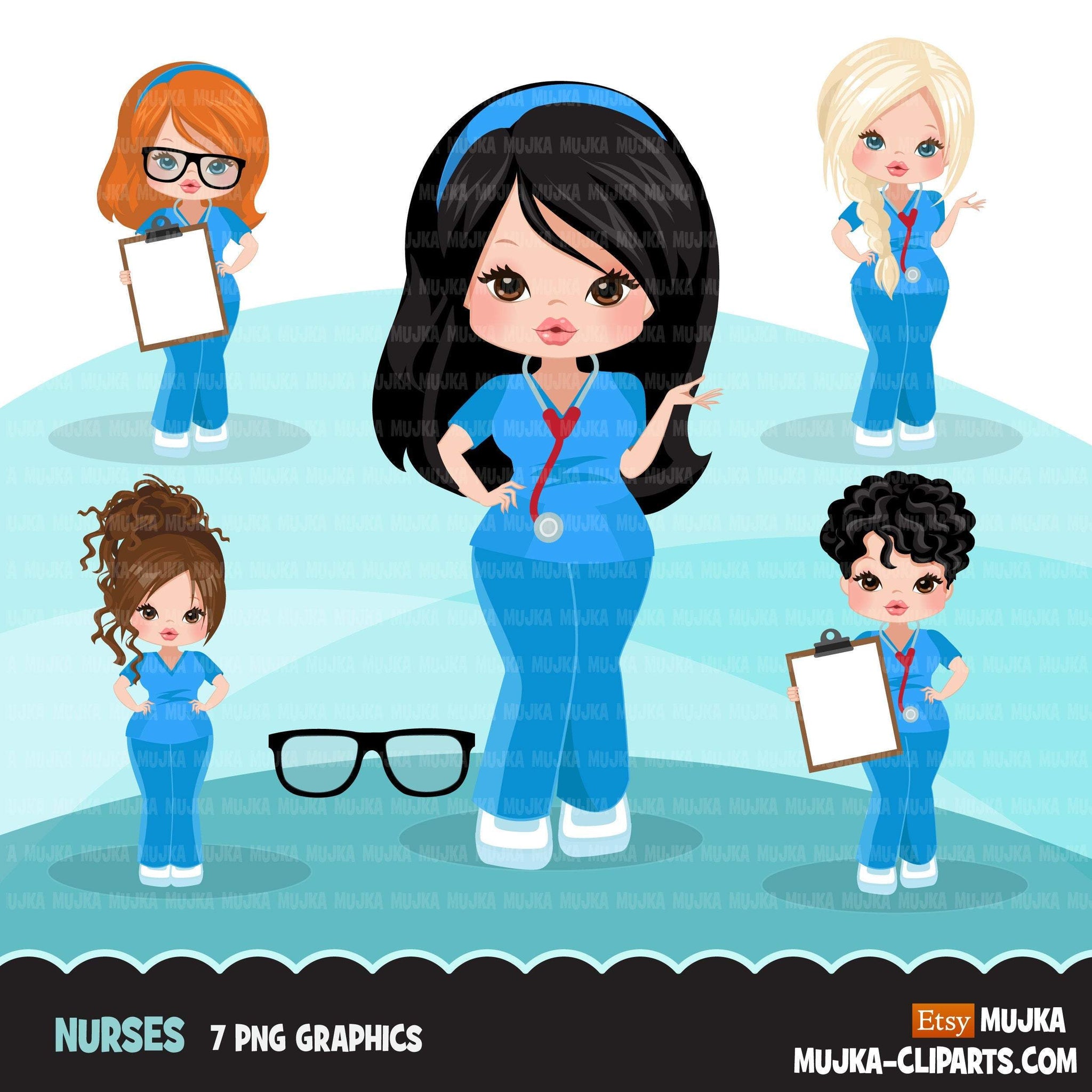 Nurse clipart with scrubs, patient chart graphics, print and cut PNG T-Shirt Designs, Medical clip art
