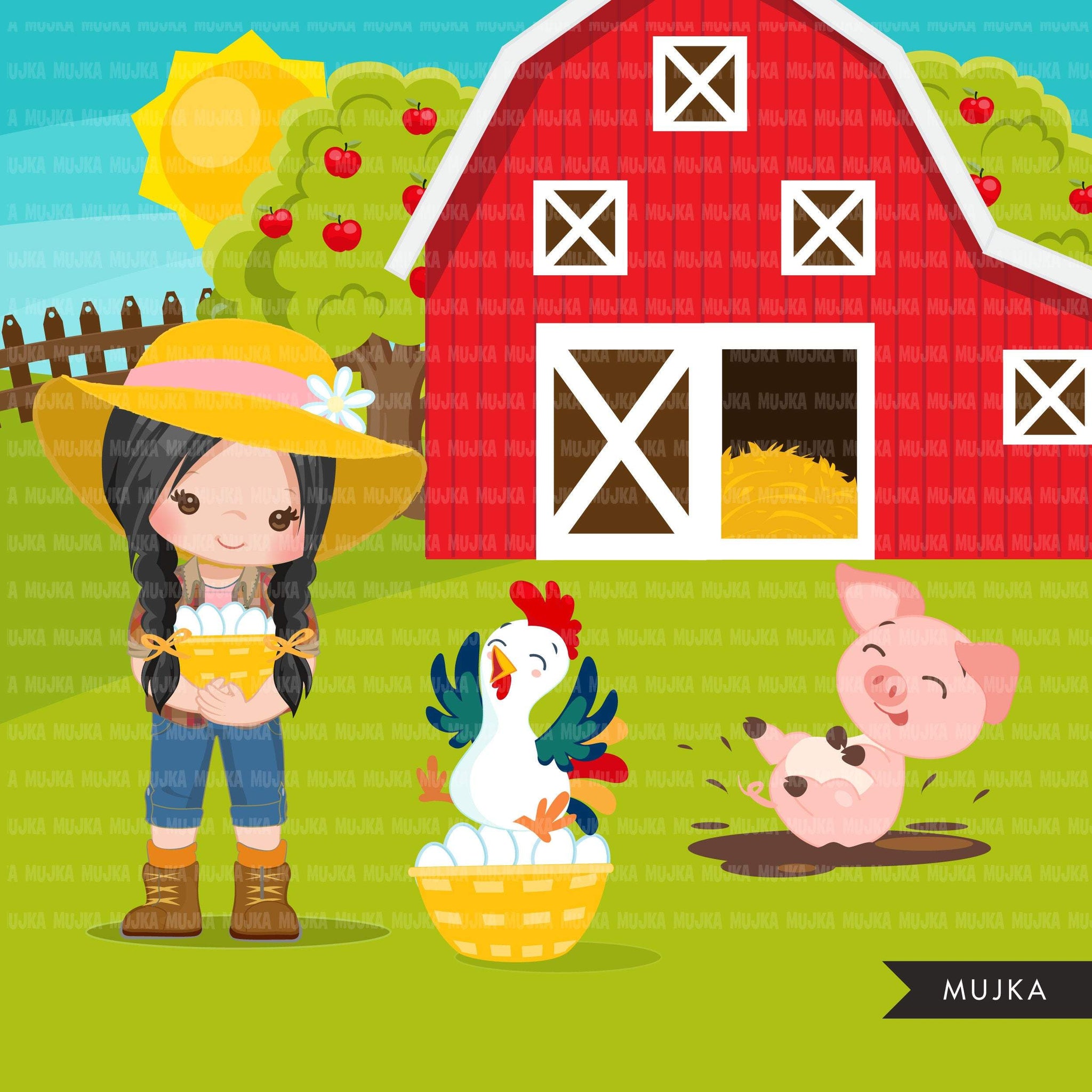 Farm clipart , farm animals, farmers, tractor, red barn, pig, chicken, cow, horse clip art graphics