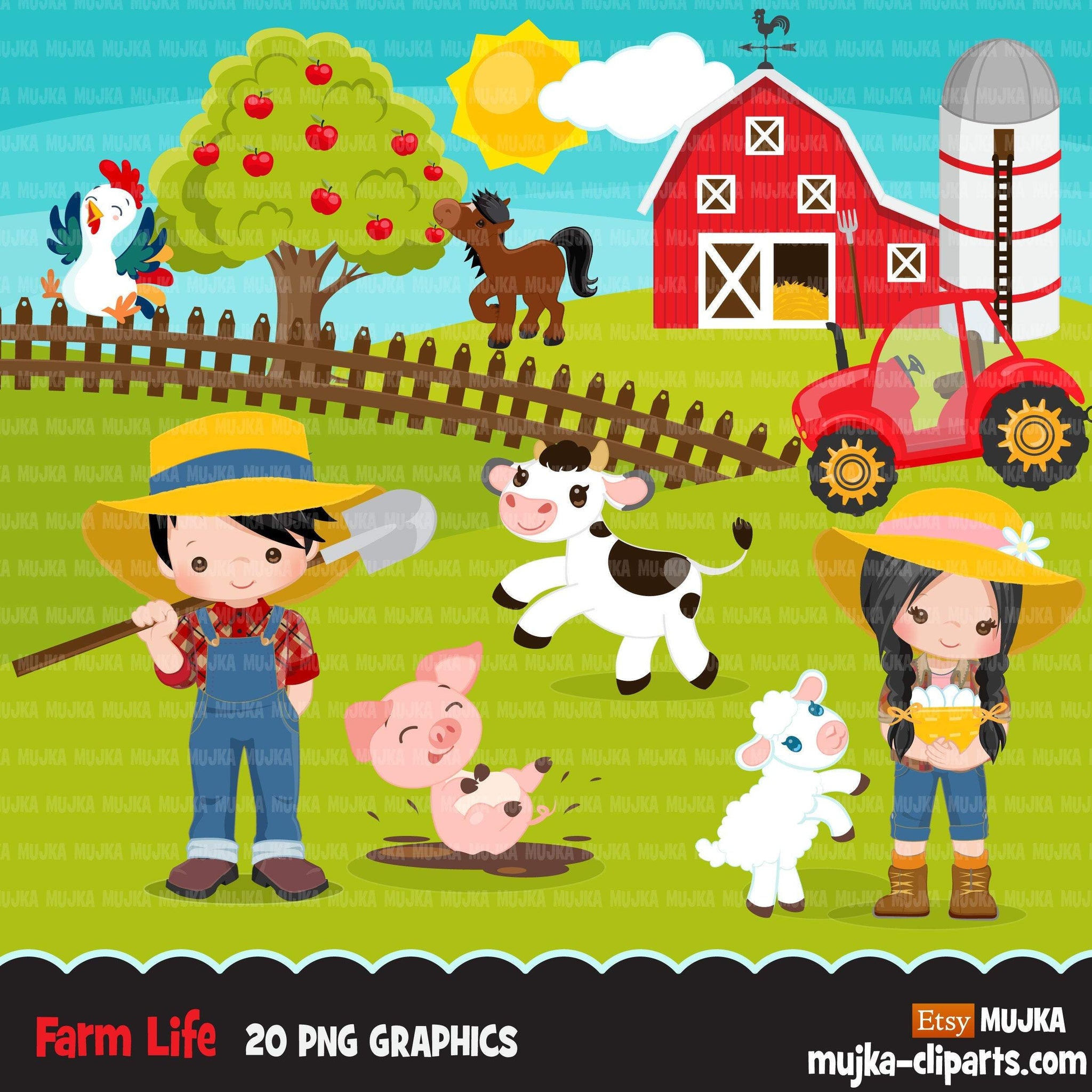 Clipart de fazenda, animais de fazenda, agricultores, trator, celeiro vermelho, porco, frango, vaca, gráficos de clipart de cavalo