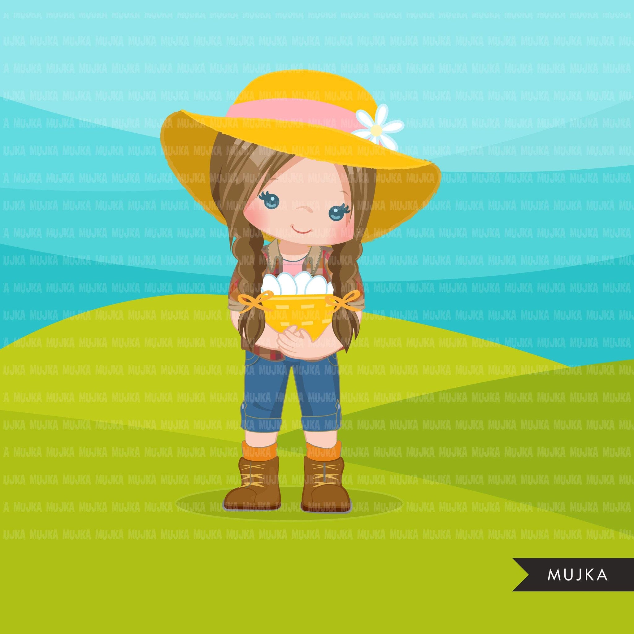 Farmer Girls clipart, farmer characters with basket of eggs, farmer hat, country graphics, country girl with hat