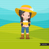 Farmer Girls clipart, farmer characters with basket of eggs, farmer hat, country graphics, country girl with hat