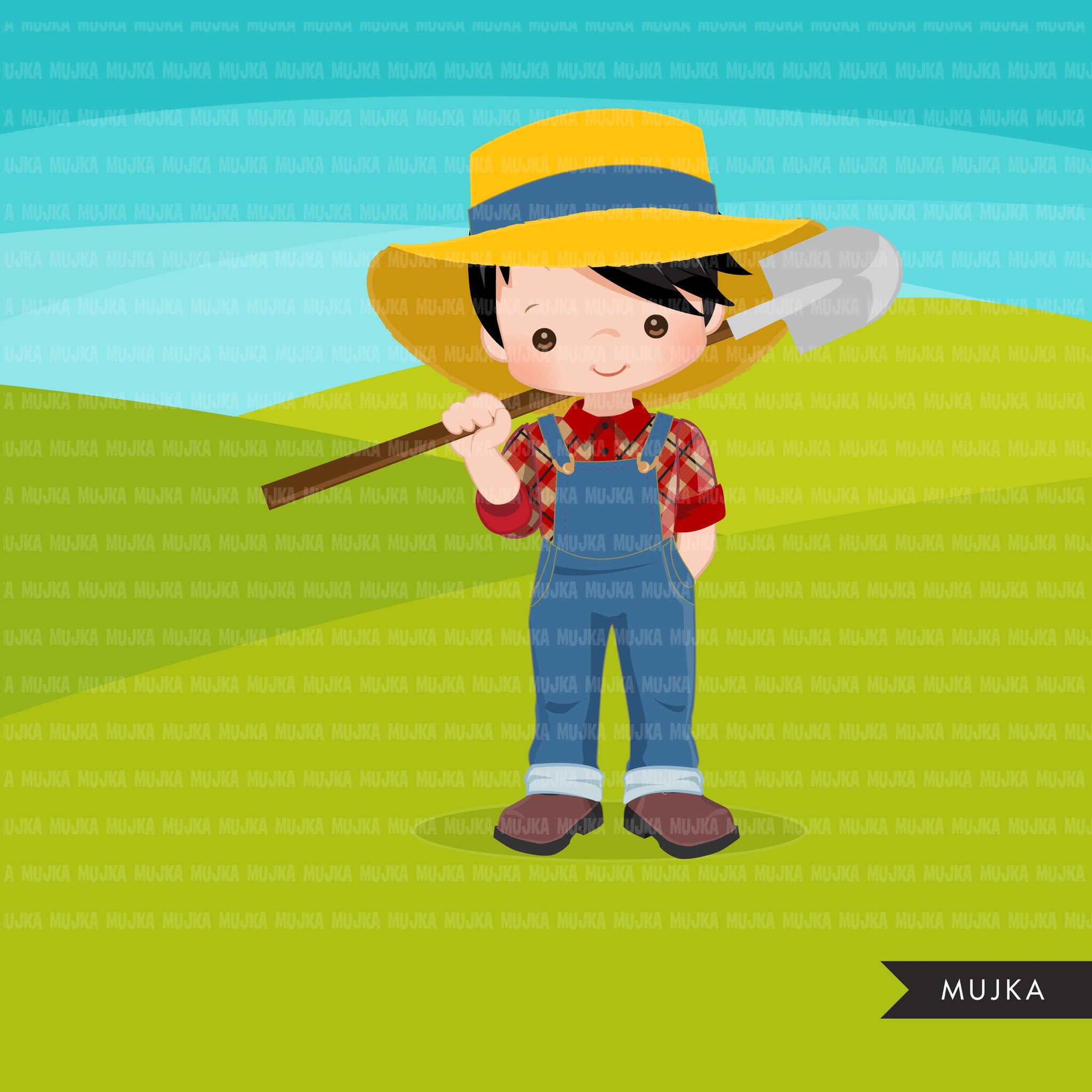Farmer Boys clipart, farmer characters with shovel, farmer hat, country graphics, country boy with hat