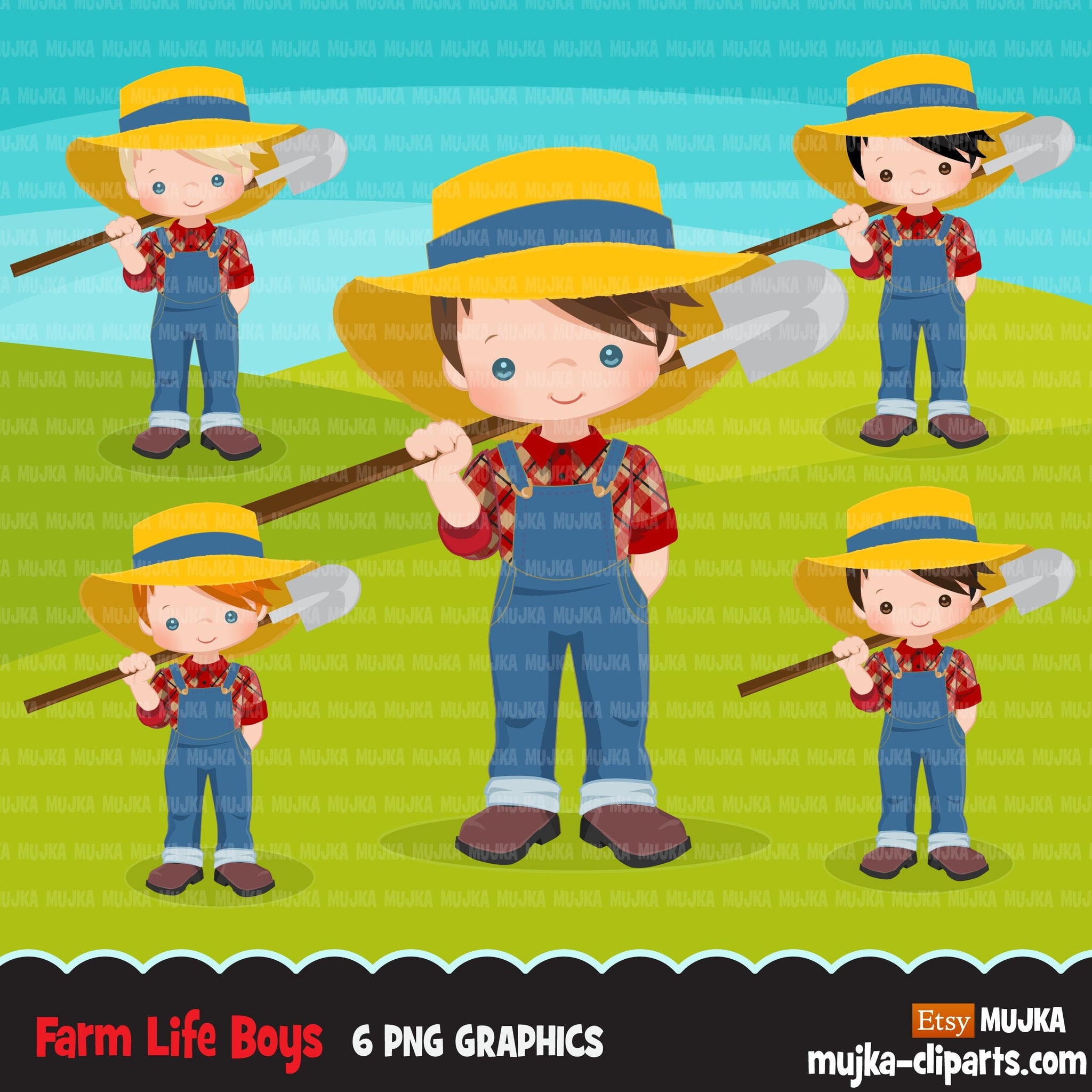 Farmer Boys clipart, farmer characters with shovel, farmer hat, country graphics, country boy with hat