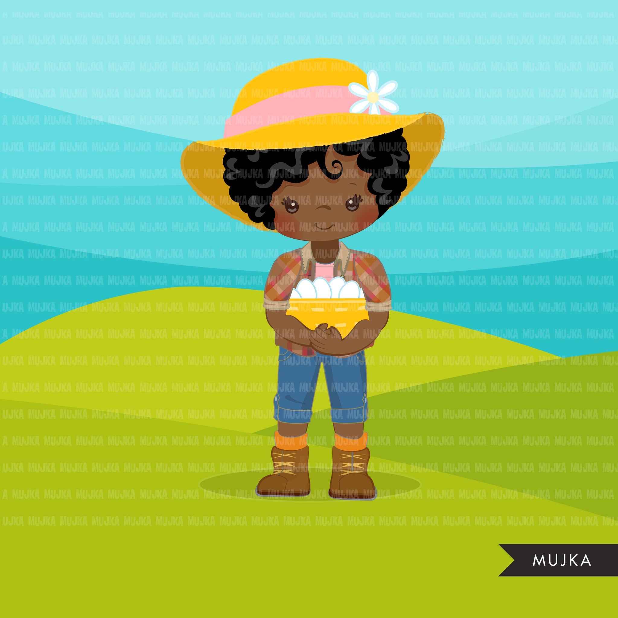 Clipart afro negro de Farmer Girls, personagens de fazendeiro com cesta de ovos, chapéu de fazendeiro, gráficos country, garota country com chapéu