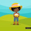 Afro black Farmer Girls clipart, farmer characters with basket of eggs, farmer hat, country graphics, country girl with hat