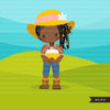 Afro black Farmer Girls clipart, farmer characters with basket of eggs, farmer hat, country graphics, country girl with hat