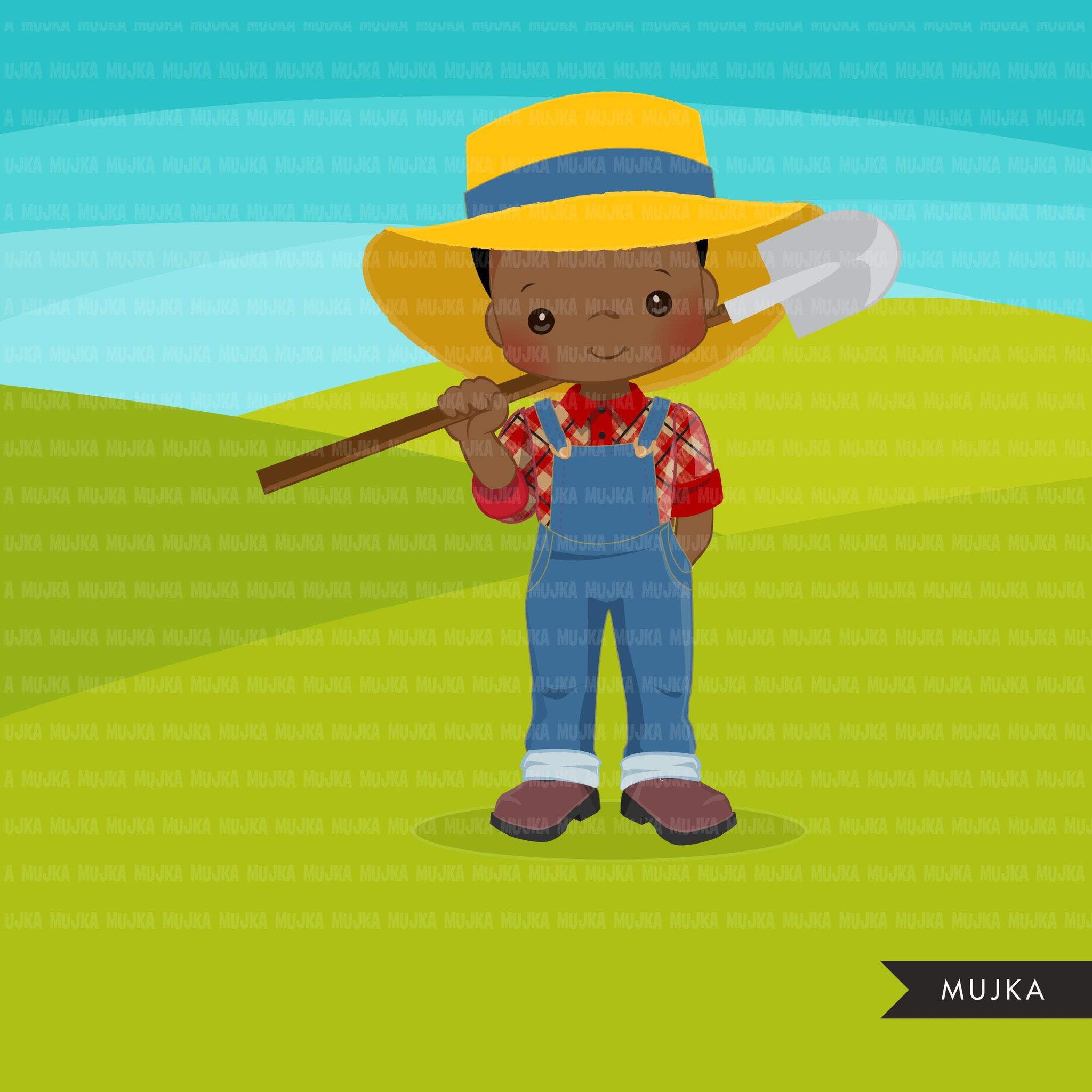 Afro black Farmer Boys clipart, farmer characters with shovel, farmer hat, country graphics, country boy with hat