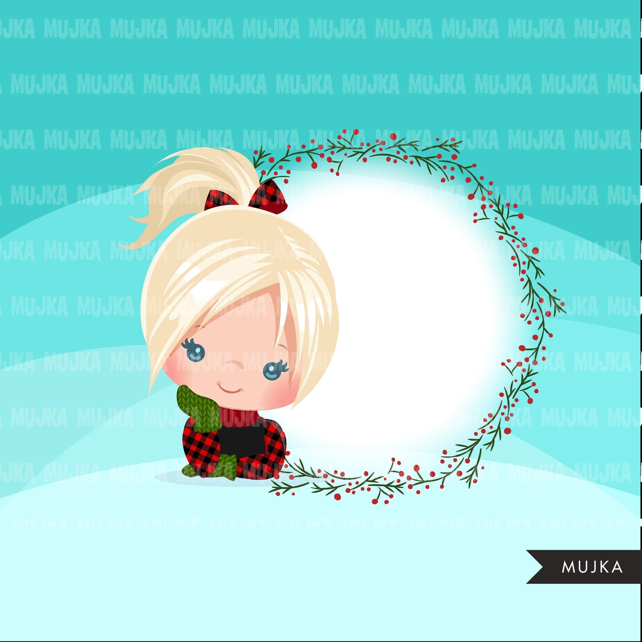Christmas clipart, let it snow Cute girls with plaid and noel frame, Holiday graphics, clip art