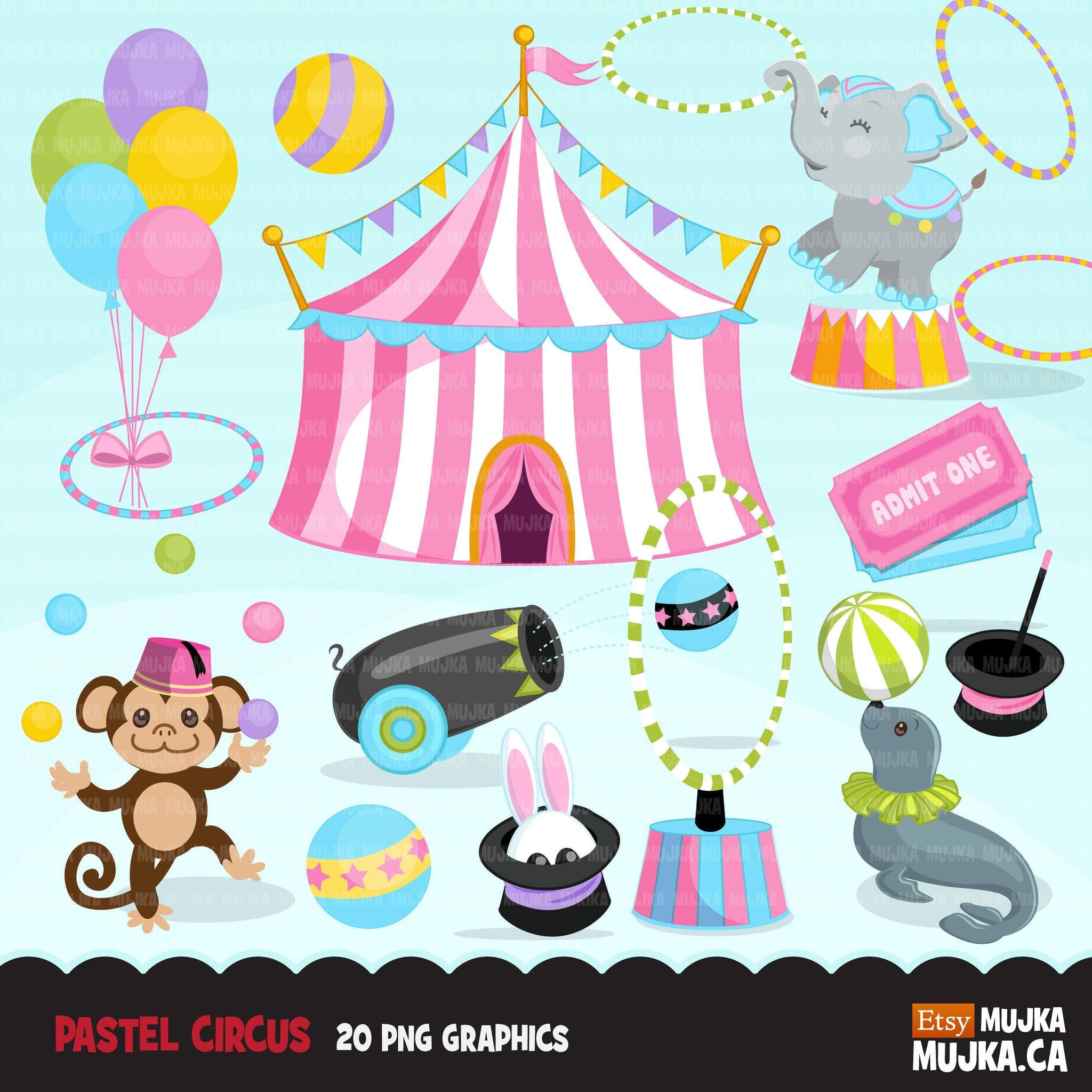 Circus Clipart pastel Big top carnival graphics, amusement park, elephant circus act, monkey, magic show, birthday party, tent design