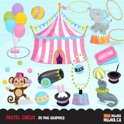 Circus Clipart pastel Big top carnival graphics, amusement park, elephant circus act, monkey, magic show, birthday party, tent design