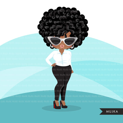 Afro black woman clipart with business suit, briefcase and glasses