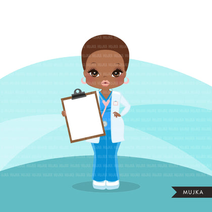 Afro Doctor clipart with scrubs , patient chart graphics, print and cut PNG T-Shirt Designs, Medical clip art, black woman