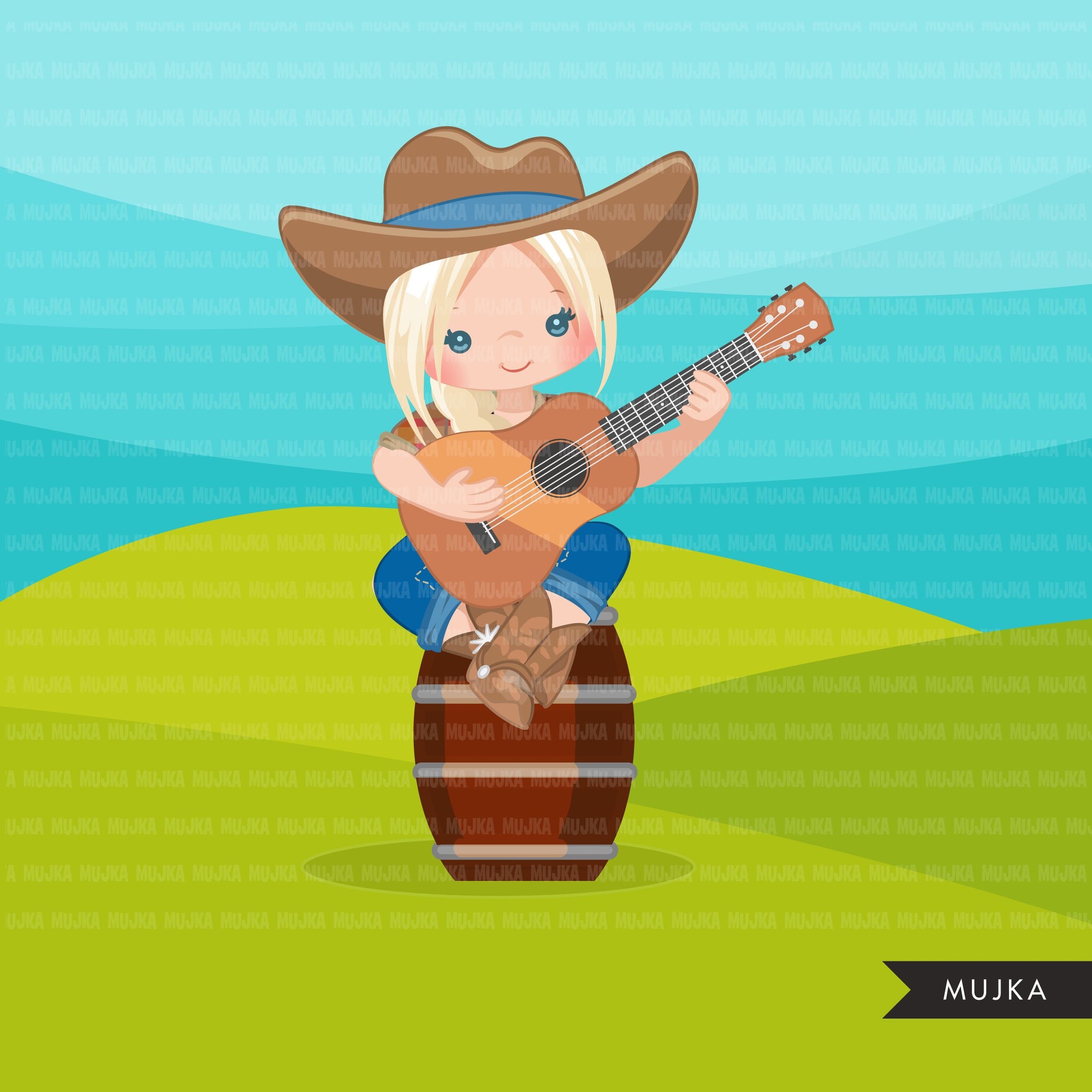 Cowgirl com clipart de guitarra, personagens de fazendeiros gráficos de fazenda rural, outono