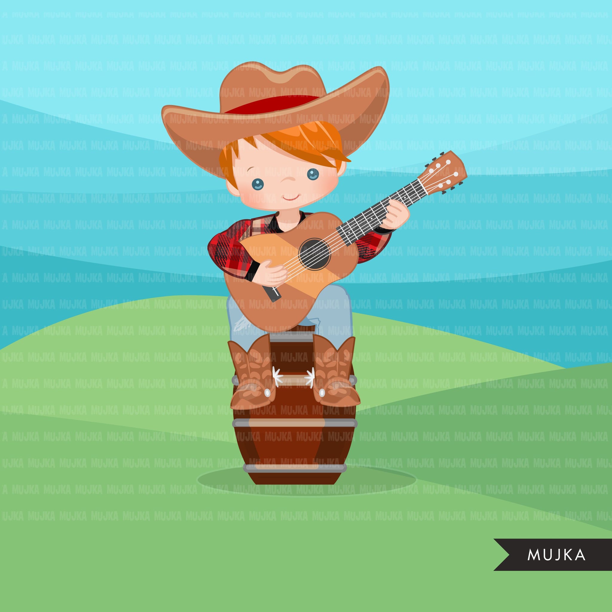Cowboy with guitar clipart, farmer characters country farm graphics, fall
