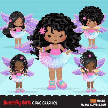 Afro dark skin Butterfly tutu clipart, butterfly wings girl with pastel tutu graphics summer