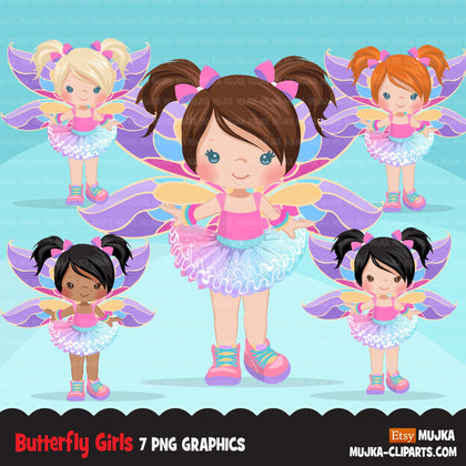 Butterfly tutu clipart, butterfly wings girl with pastel tutu graphics, summer, spring