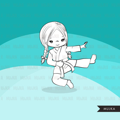 Karate Digital Stamps,  Sports graphics, martial arts line art graphics, boy girl
