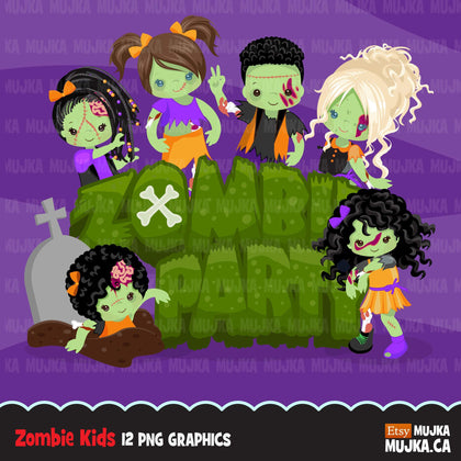 Halloween zombie kids clipart 2 Cute zombies, grave, rip, brains graphics Halloween party clip art, boys girls