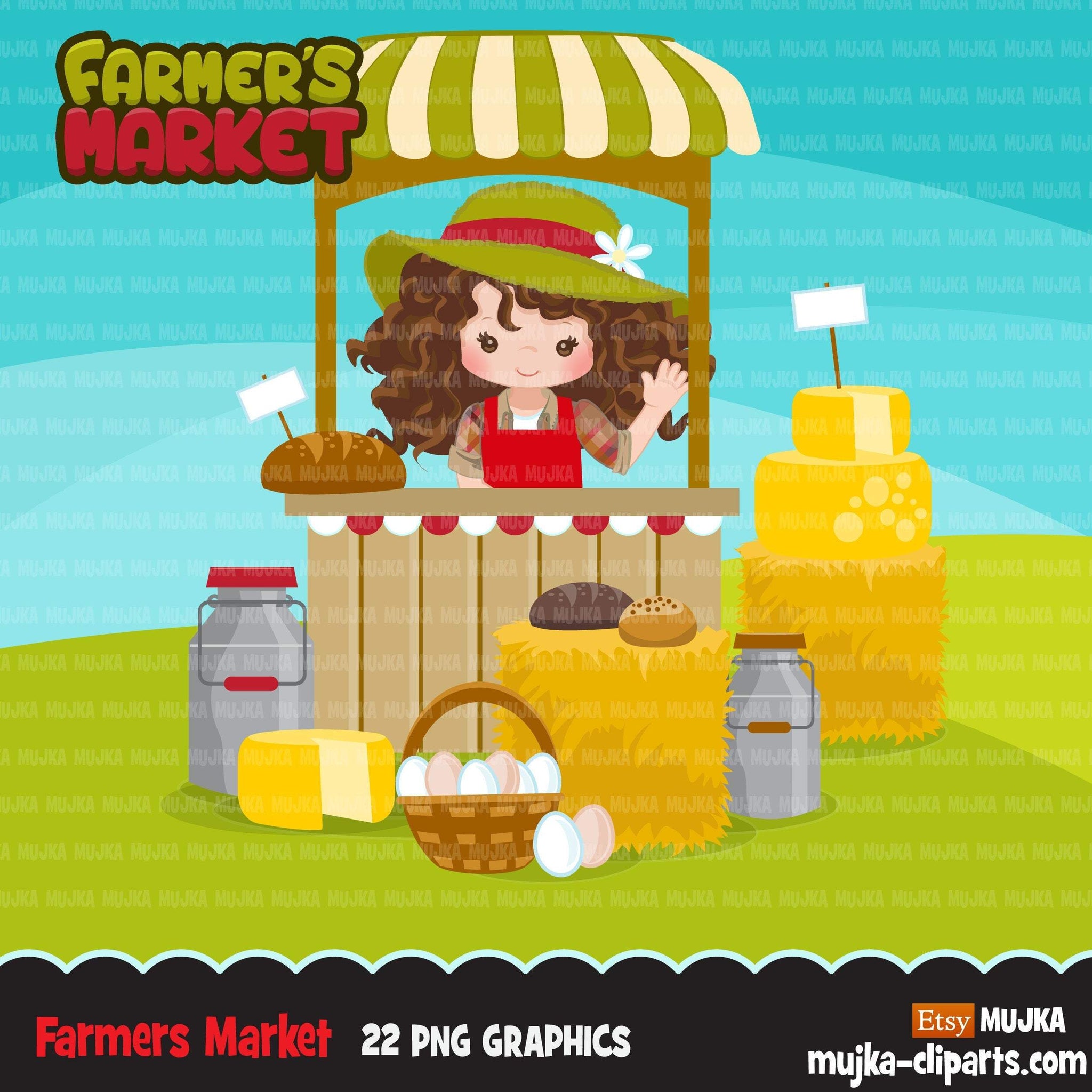 Gráficos femininos de clipart do Farmer's Market, fazendeiros fofos, colheita de outono, produtos agrícolas