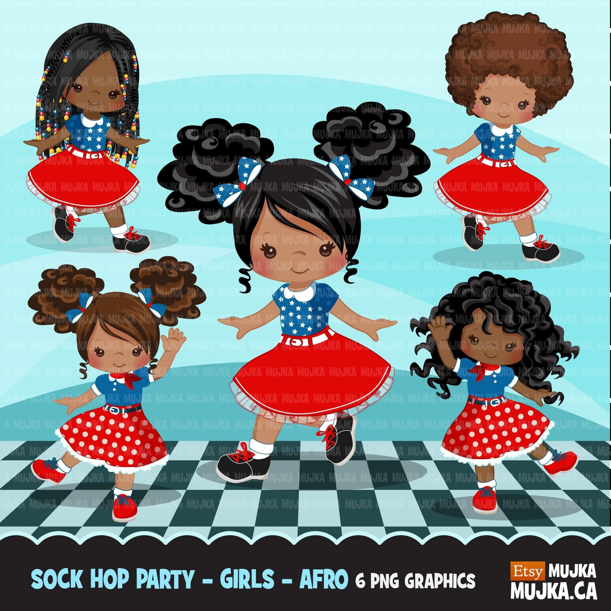 Sock Hop Party 4th of July Girls Clipart, personagens retrô dos anos 50 afro