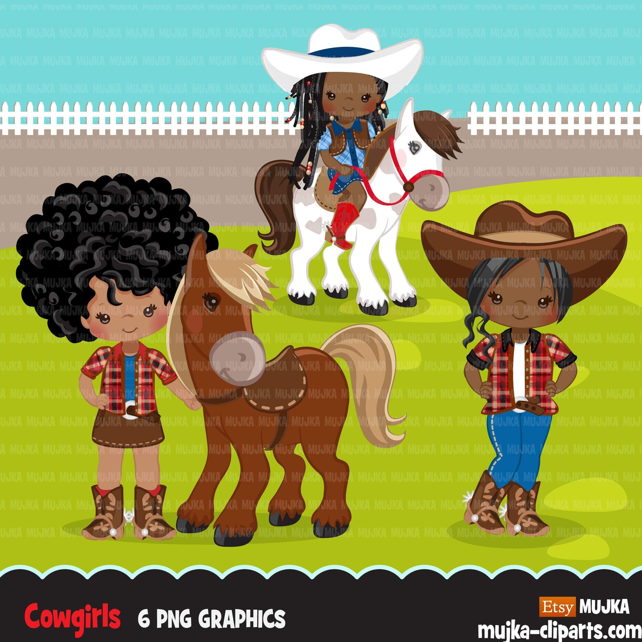 Afro Cowgirl com clipart de cavalo, personagens de fazendeiros, gráficos de fazenda rural, clipart de garota do oeste selvagem