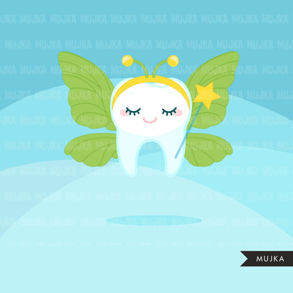 Dental Clipart. Colorful Kawaii tooth, dentist tools