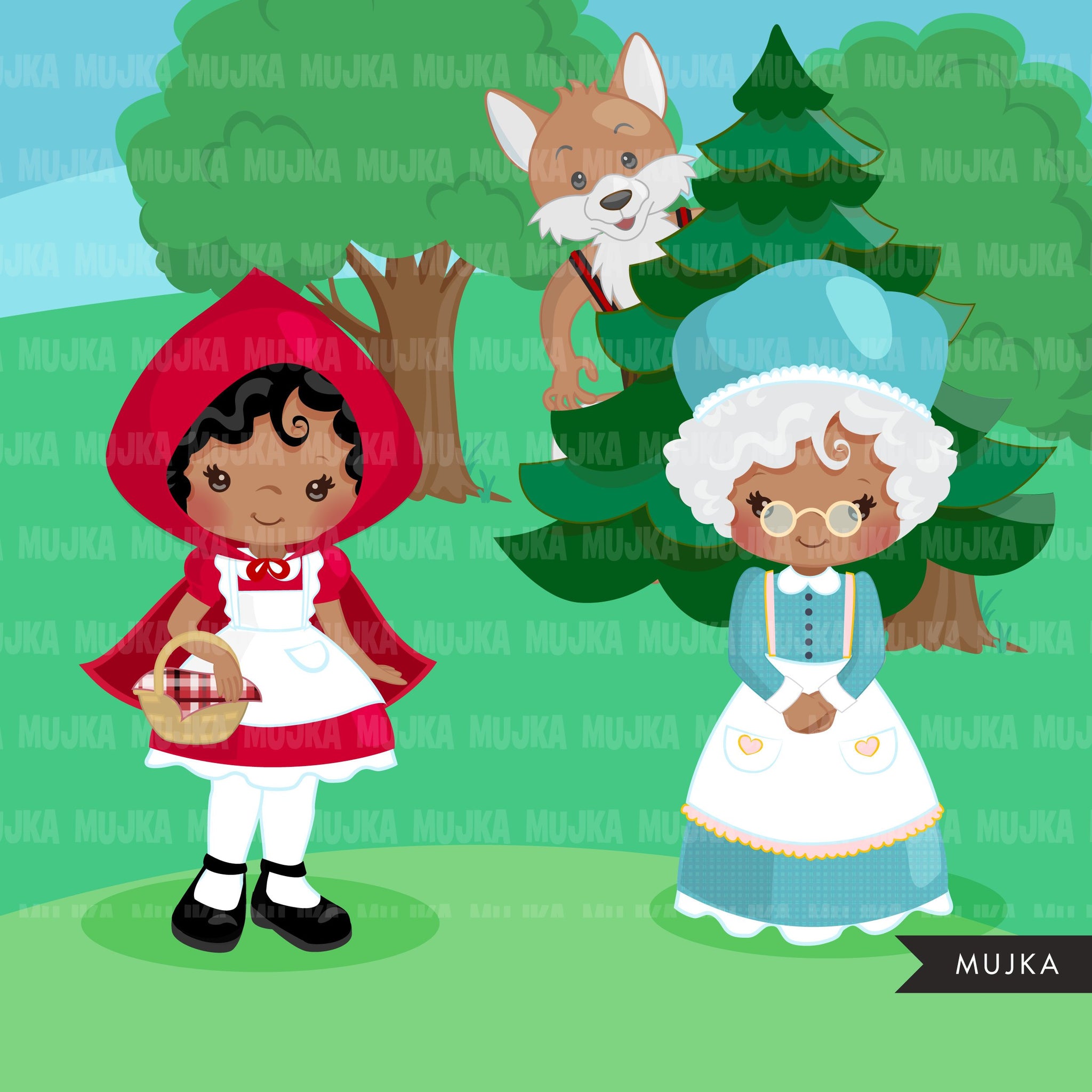 Afro black Red Riding Hood Clipart, Cute wolf, woodland, storybook graphics, Dark skin Boy and girl fairy tale illustrations
